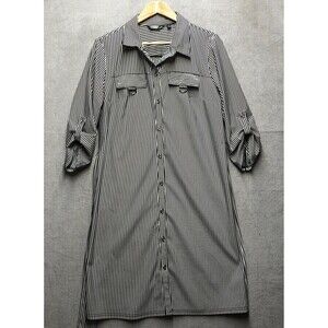 Mlle Gabrielle Shirt Dress Size M Roll Tab Sleeves Black & White Striped Button